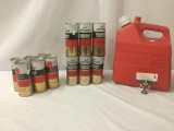 Gott 2.5 gallon plastic gas can and 17 Johnson Outboard Lubricant can, approx. 24x13x13 inches.