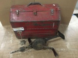 Vintage hand crank drill and vintage nesting tool box. Tool box measures approx 18x14x10 inches.