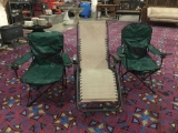 Pair of Sears Hilary camp chairs, and patio recliner. The chair measures approx 21x33x39 inches.