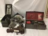 Large collection of hand and power tools, and a trailer hitch.