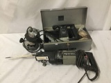 Collection of Porter Cable power tools, reciprocating saw, plate joiner with biscuits, and router.