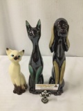 Collection of 3 hand decorated Japanese Ries cat and dog stoneware statues.