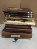 Collection of 12 vintage reference books, Wild West, interior design, atlas, encyclopedia and more.