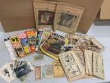 Collection of vintage newspapers, western magazines, postcards, German and us bank notes, and more!