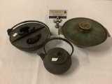 Lot of 3; cast iron bowl with lid, tea pot, rice bowl with lid, approx 9x8x4 inches.