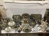 60 + pcs of silver plate and other metal collectibles incl. candle-holders, trays, flatware etc