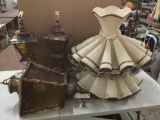 Set of vintage lamps and hanging light fixture with shades.