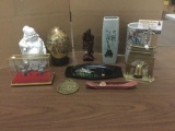 Collection of Chinese Sculptures and china. Wood carving, hand painted egg, Buddha bank and more.