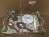 Vintage Avon cameo mirror and brush, hand painted china, pewter cream jar and more.