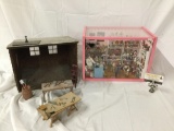 Miniature toy store window box display with doll figures plus doll sized workshop w/ tools