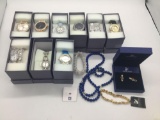 9 strands watches, lapis lazuli necklace, quartz bracelet, Swarovski crystal jewelry.