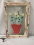 Hanging vintage glass art piece made from window w/ painted flowers, approx. 24x15.5x4 inches.