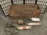 Vintage Evinrude crate full of vintage buoys, rope, fabric, and rocks, approx. 43x13x17 inches.