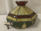 Vintage metal and composite hanging light shade, some wear see pics, approx. 22x22x14 inches.