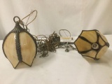 Twin pearl colored hanging composite tulip lamps w/mounting and wires, approx. 17x14x11 inches.