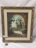 Original oil painting of plants and trellis scene. Signed by artist.