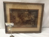 Vintage poker game screen print on glass for Remington with wood backing.