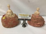 Pink and red vintage doll pin cushions, some wear see pics, approx. 6x6x7 inches each.