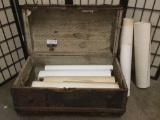 Antique steamer trunk full of over 12 rolled up prints, and some antique and vintage magazines.