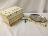 Six Viking Stainless steel and cherrywood individual steak platter No. 175, approx. 12x8x9 inches.