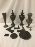 Ten mostly wood regal decorations, incl. vases, a bust, plate displays, stands, etc. approx.7x6x15