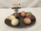 Collection of 7 hand made Action brand Italian made alabaster eggs in a metal tray