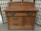 Antique tiger oak 3 drawer/1 cabinet wash basin table with elaborate hardware