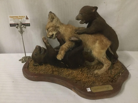 "Children at Play" (ethically sourced) taxidermy art piece incl. 2 black bear cubs and a baby bobcat