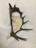 Hand carved moose antler display w/ carved Eagle/fish scene from B Merry Studio Anchorage, Ak