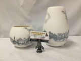 Lot of 2 - Native American Navajo Hozoni pottery vase and bowl by M. Redhorse depicting mountain