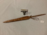 Hawaiian carved koa wood spear with leather hanging strap