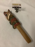 Native American style red cedar bear figural rattle signed by artist L Rudick