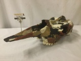 One of a kind painted moose skull, signed by found object artist Mary Alice Winchell