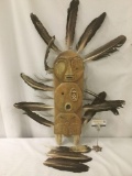 John M Hotes 2001 wood, bone and feather wall hanging totem piece - some feathers as is