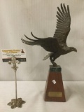 Bronze eagle sculpture on wood & marble base titled 