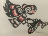 Isreal Shotridge Kinstaadaal 1999 matted Eagle & Salmon NW Tlingit print in frame