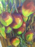 Framed colorful print of mangoes, signature obscured and prints is loose in matting - as is