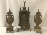 Antique ornate metal and marble French mantle clock sets w/ pair of marble statues - see pics