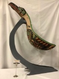 Large hand carved & painted wooden Native American Raven Spoon from PNW w/ stand