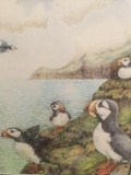 1995 colored pencil artwork of Puffins by the ocean signed and dated by D.S. Mills