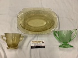 Lot of 3 antique depression glass home decor, largest approx 10x7x2 inches.
