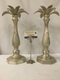 Pair of metal Tommy Bahama silverplate palm tree candle holders with original $80+ price tags