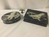 2 modern blue incolay stone jewelry boxes with sculpted eagle bas-relief designs