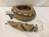 Vintage Native American woven basket and woven wood flask