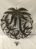 Stamped metal coconut tree and bird wall art piece - made in Japan