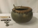 PNW Inuit style gourd bowl art piece w/ woven reeds, beads and more - signed Wyatt Vidal Aladea