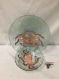 Pair of Alaskan pulegoso glass bowls with copper octopus and crab motif - matching pair