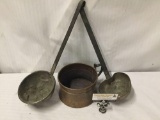 Antique copper pot and 2 antique hand formed copper ladles