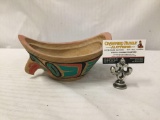 Hand carved and painted Native American red cedar bowl with bird motif and signed by the artist