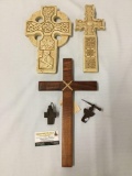 Collection of stoneware, metal, and Koa wood crosses - see pics